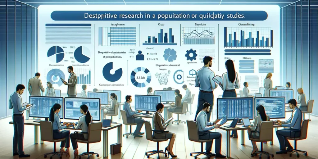 This image visualizes researchers, including a South Asian female and a Caucasian male, in a research center. They are analyzing large data sets, exemplifying descriptive research in quantitative studies with a focus on population characteristics.