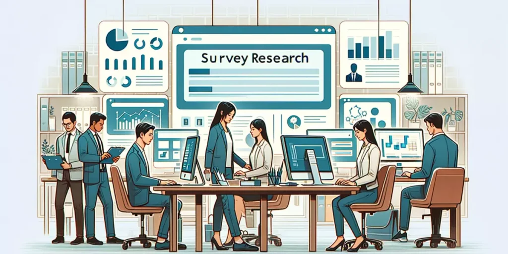 The image depicts a team of professionals, including an Asian male and a Hispanic female, in an office engaged in survey research. They are analyzing data from questionnaires on computers, highlighting the survey research process in quantitative studies.
